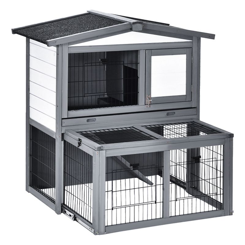 PawHut Wooden 2 Story Rabbit Hutch Bunny Hutch with Slide-Out Run, Openable Roof, Lockable Doors, Ramp and No Leak Tray for Outdoor, gray, and White, 1 of 7