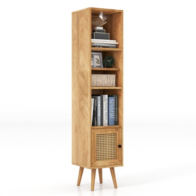 Tangkula Slim Tall Rattan Storage Cabinet Boho Accent Bookshelf w/ Rattan Door 12-Position Adjustable Shelf & Solid Wood Legs Black/Natural/White