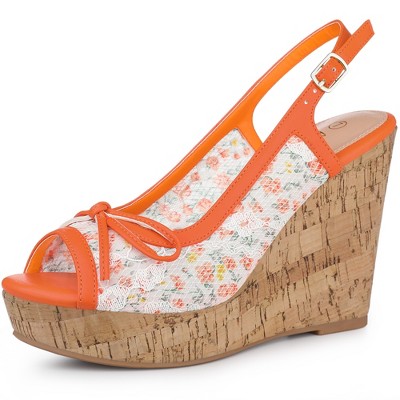 Allegra K Women's Casual Wood Platform Heels Bow Lace Wedge Sandals