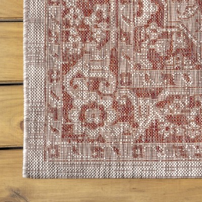 Bohemian Medallion 5' Square Indoor/Outdoor Rug in Red and Taupe