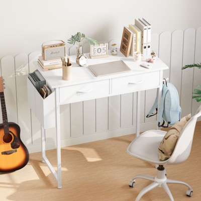 CAVINAS Home Office Desk Modern Writing Desk with 2 Storage Drawers, Side Storage Pocket and Hook for Study