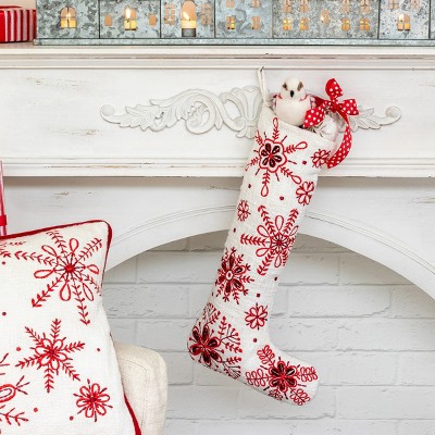White and Red Cotton Embroidered Snowflake Stocking