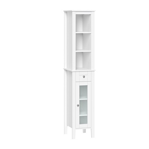 Tall narrow shelving unit deals with doors