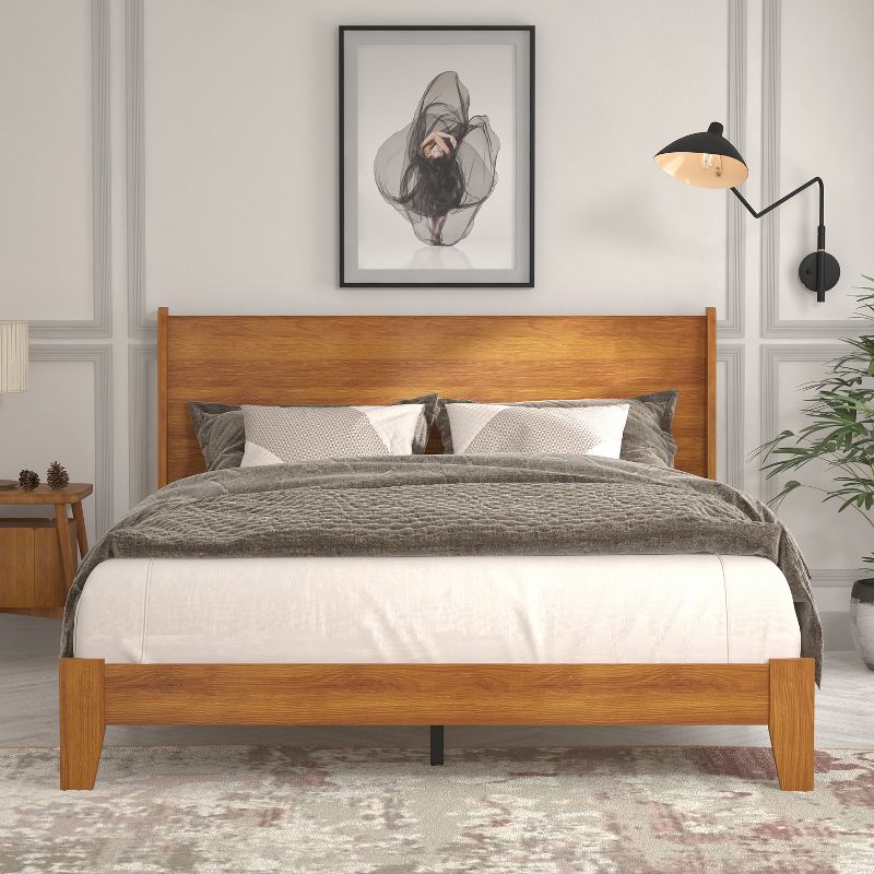Galano Abby Retro Wood Frame Platform Bed With Headboard in Amber Walnut, Oslo Oak, Walnut, 1 of 13