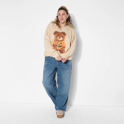 Women's Teddy Bear Pumpkin Graphic Sweatshirt - Beige