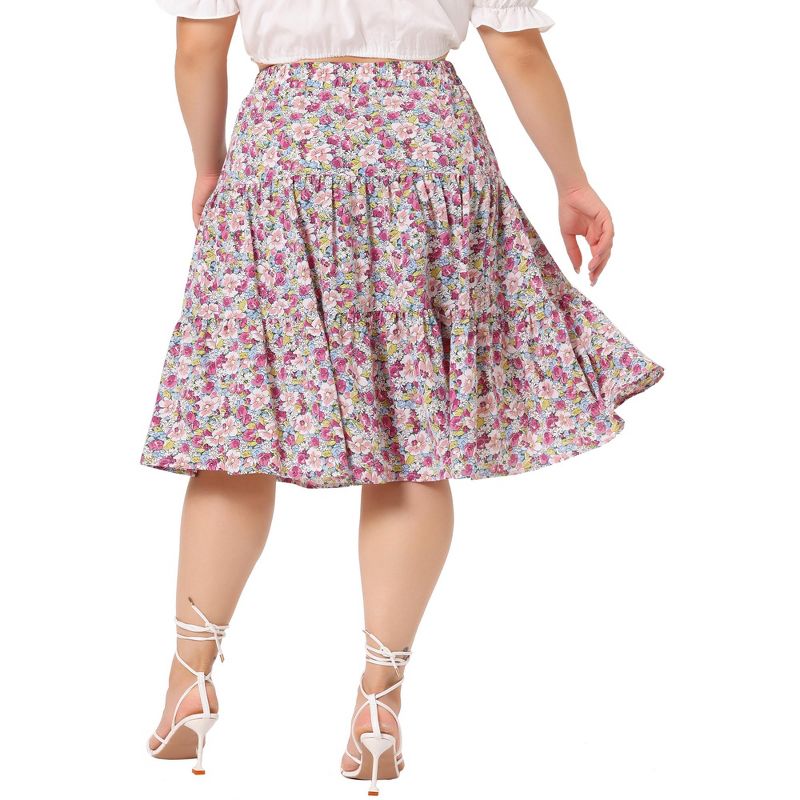 Agnes Orinda Women's Plus Size Elastic High Waist Ruffle Hem Pleated Midi Floral Print A Line Skirts, 4 of 6