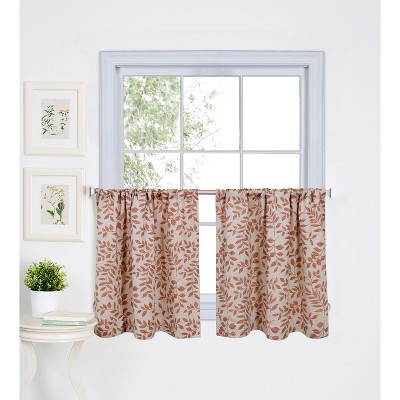 Leaf Jacquard Linen Rod Pocket Window Kitchen Curtain Cafe Tier - 30 in. x 24 in.  - Spice - Set of 2