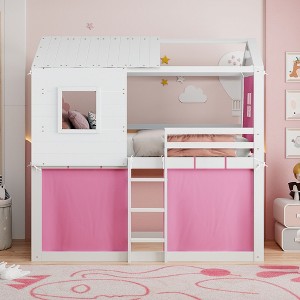 Racxily Bunk Wood House Bed with Tent - 1 of 4