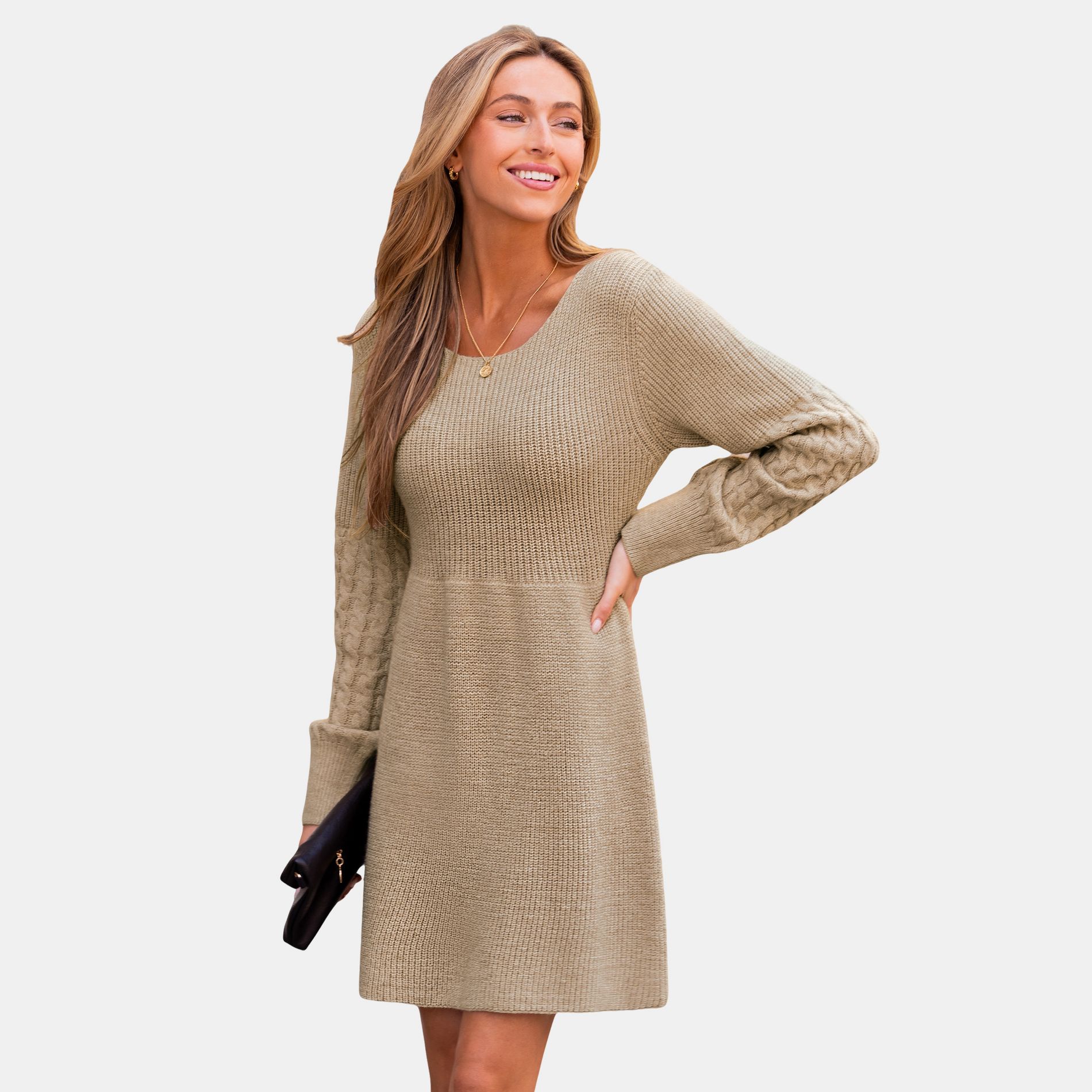 Women's Cozy Knitted Sweater Dress with Cable Knit Sleeves - Cupshe-M-Brown