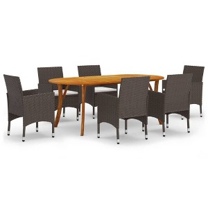 vidaXL Patio Dining Set - 7-Piece Outdoor Furniture Set - Acacia Wood Table and Brown PE Rattan Chairs with Cushions for Garden or Patio - 1 of 4