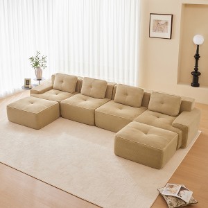 153" Corduroy U-Shaped Modular Sectional Sofa with 2 Movable Ottomans, Pearl-Like Piping, and Tufted Design - 1 of 4
