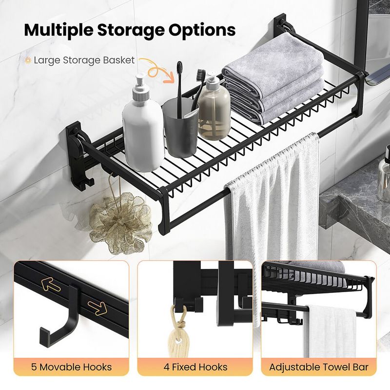Tangkula Wall Mounted Foldable Towel Rack w/ Adjustable Towel Bar & Movable Hooks Black, 5 of 11
