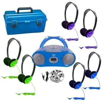 HamiltonBuhl® 6-Station Listening Center with AudioAce™ Bluetooth® Boombox, 6 Colorful SchoolMate Personal-Sized Headphones, Jackbox & Carry Case