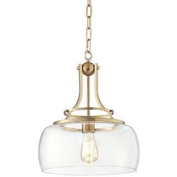 Franklin Iron Works Charleston Brass Pendant Lighting 13 1/2" Wide Modern LED Clear Glass Shade for Dining Room House Foyer Kitchen Island Entryway