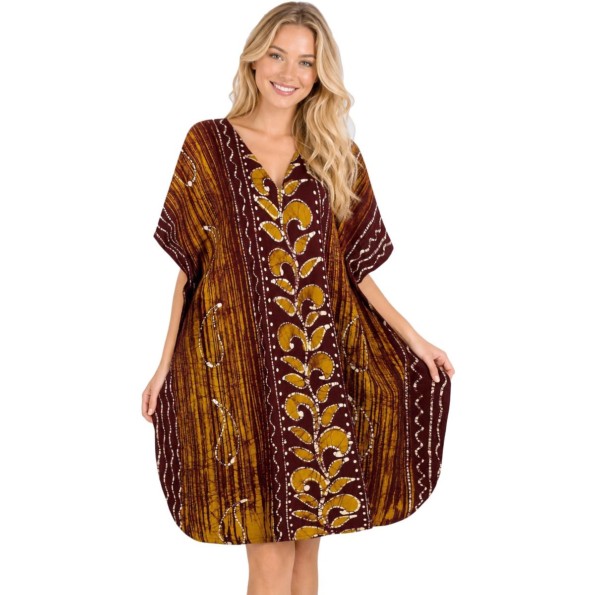 LA LEELA Summer Cotton Resortwear Caftan for Women Vacation Cruise Holiday Loungewear Maternity Friendly Beachwear Dress 2X-3X Brown Paisley