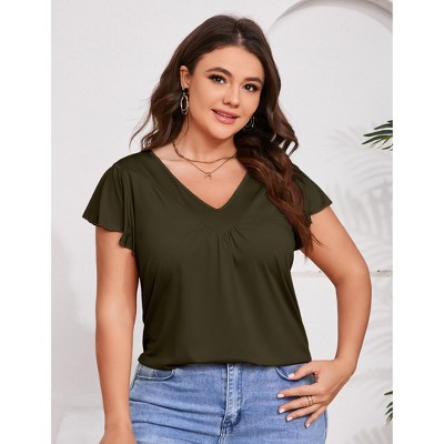 Womens Plus Size Short Sleeve Loose Fit Pleated Casual Shirts