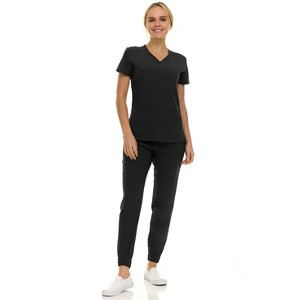Saint Scrubs Womens 9-Pocket Medical Uniform Set- V-Neck Stretch Top with Seven Pocket Jogger Scrub Pant - 1 of 4