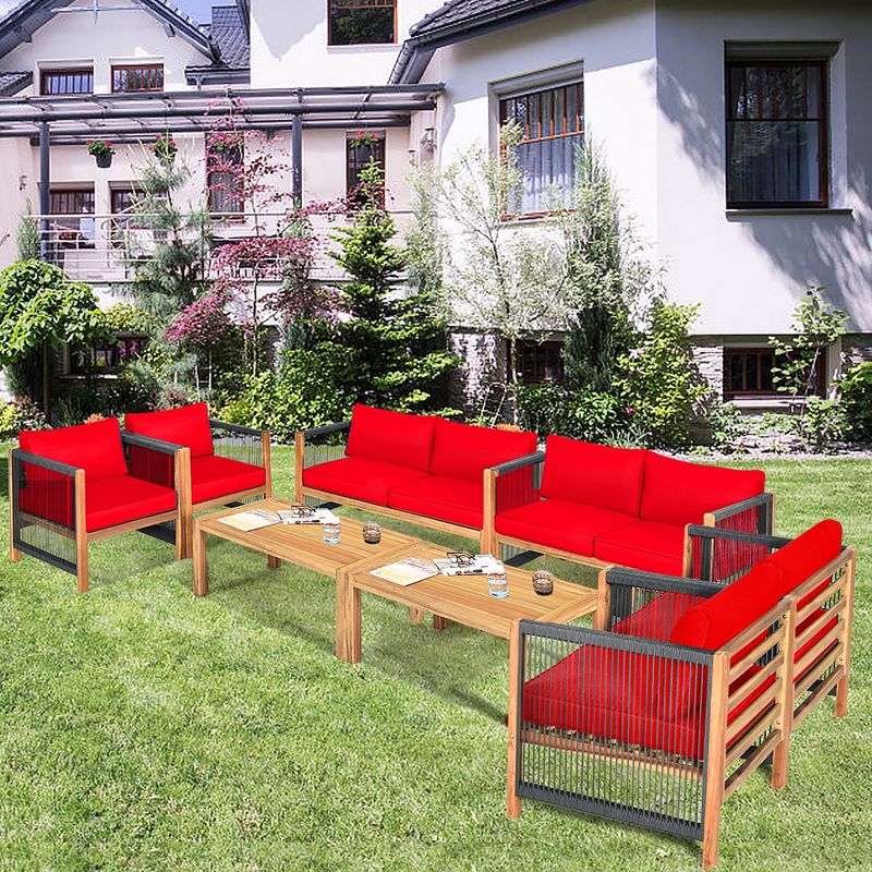 Costway 8PCS Wooden Patio Furniture Set Cushioned Sofa W/Rope Armrest White\Turquoise\Red, 1 of 11