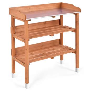 Tangkula Garden Wooden Potting Bench Work Station Table Tool W/5 Hooks Non-Slip Potting Tables Storage Shelf with protective footpads