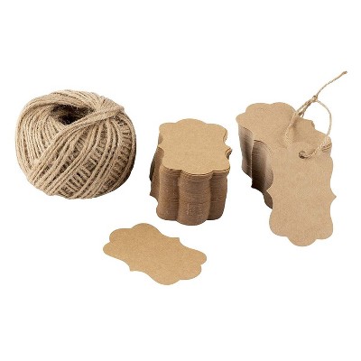 Juvale 200-Pack Paper Tags & Rope for Wedding, Birthday, Party Favors Arts and Crafts, Brown 2.75 x 1.97 in