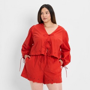 Women's Long Sleeve Eyelet Tie-Front Poplin Blouse - Future Collective - 1 of 3