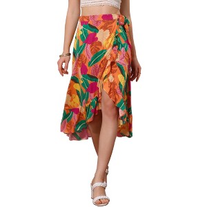 INSPIRE CHIC Women's Tropical Floral Print Ruffle Self-Tie Knot Split Beach Wrap Midi Skirt - 1 of 4