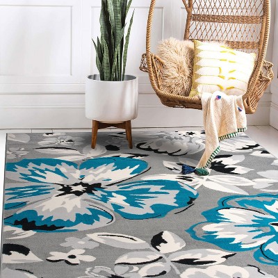 Elegant Floral Blue 5' x 7' Easy-Care Synthetic Area Rug