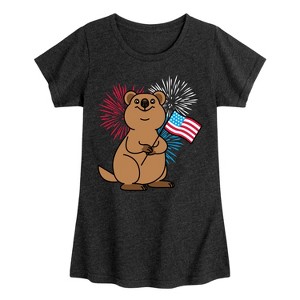 Girls' - Instant Message - Quokka with American Flag & Fireworks Fitted Short Sleeve Graphic T-Shirt - 1 of 4
