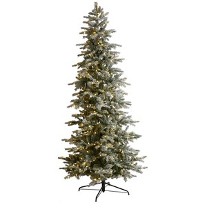 8.5ft. Slim Flocked Spruce Artificial Christmas Tree with 500 Warm White LED Lights and 1061 Branches – Elegant Snowy X-Mas Glow - 1 of 4