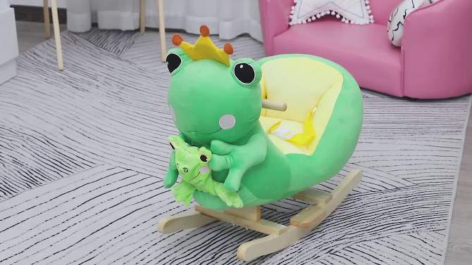 Qaba Kids Ride-On Rocking Horse Toy Frog Style Rocker with Fun Music, Seat Belt & Soft Plush Fabric Hand Puppet for Children 18-36 Months, Green, 2 of 10, play video