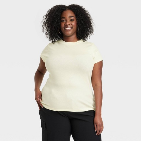 Women's Slim Fit Short Sleeve Ribbed T-Shirt - A New Day™ Light Yellow 4X