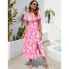 WhizMax Women's Bohemian Floral Printed V Neck Ruffle Hem A-Line Short Sleeve Split Beach Party Maxi Dress - 2 of 4