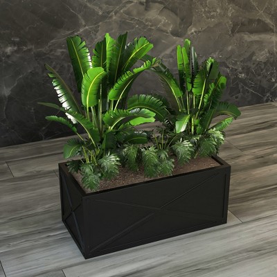 LeisureMod Black Rectangular Fiberstone Planter with Drainage Holes