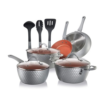 NutriChef Metallic Nonstick Ceramic Cooking Kitchen Cookware Pots and Pans with Lids, Utensils, and Cool Touch Handle Grips, 11 Piece Set