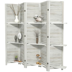 5 Panel 67" Tall Wood Privacy Screen Room Divider with 3 Shelves and Folding Storage for Bedroom - 1 of 4