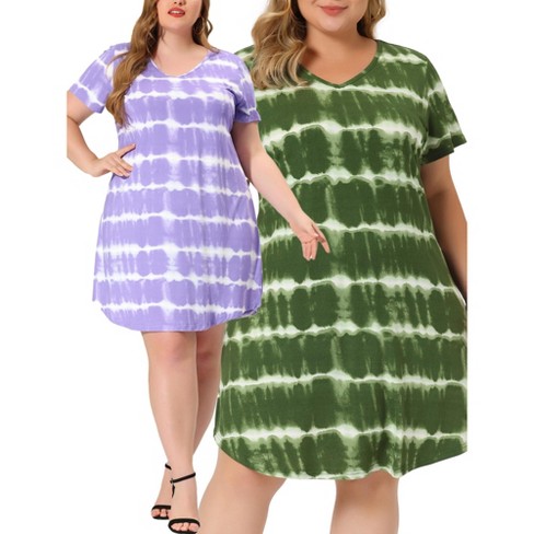 Agnes Orinda Women s Plus Size Tie Dye V Neck High Low Hem Casual Packs Trendy T Shirt Dresses Green Light Purple 1X