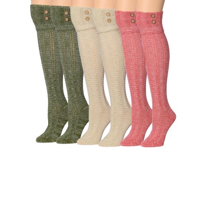 Tipi Toe Womens 3 Pairs Winter Warm Fashion With Buttons Comfortable Knee High Cotton-Blend Boot Socks