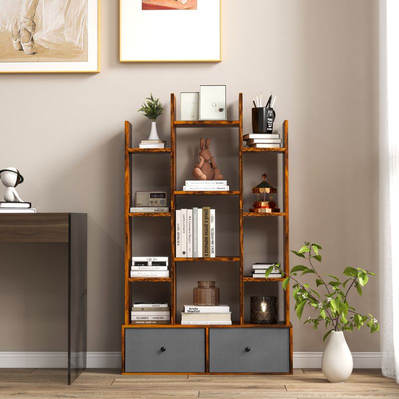 Tangkula Tree Shaped Bookcase with 2 Drawers Free Standing Bookshelf with 12 Open Storage Shelves Tall Display Rack with Bookshelves Brown/White, 3 of 11