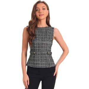 INSPIRE CHIC Women's Tweed Elegant Plaid Print Sleeveless Crew Neck Waist Buckle Back Zipper Top - 1 of 4