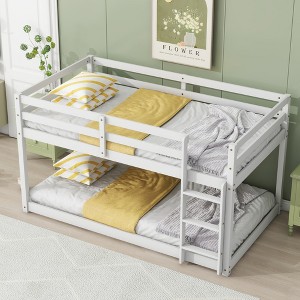 Whisen Twin over Twin Wood Floor Bunk Bed with Full Length Guardrail and Ladder - 1 of 4