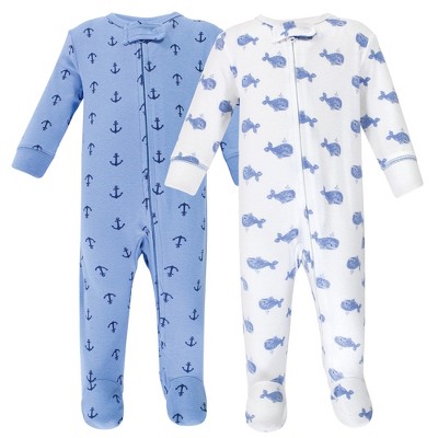 Image of Hudson Baby Infant Boy Cotton Zipper Sleep and Play 2pk, Blue Whales, 0-3 Months