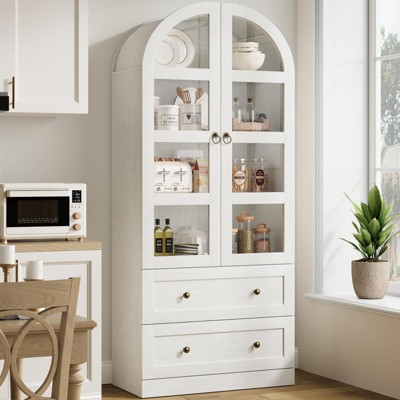 Homhougo 72" Tall Arched Kitchen Storage Cabinet,Farmhouse Pantry Cabinets with 2 Glass Doors & Drawers, Large Display Pantry Cabinets White