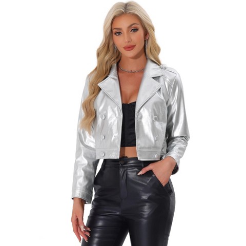 Allegra K Women's Double-breasted Long Sleeve Notch Lapel Y2K Disco Jacket Small Silver