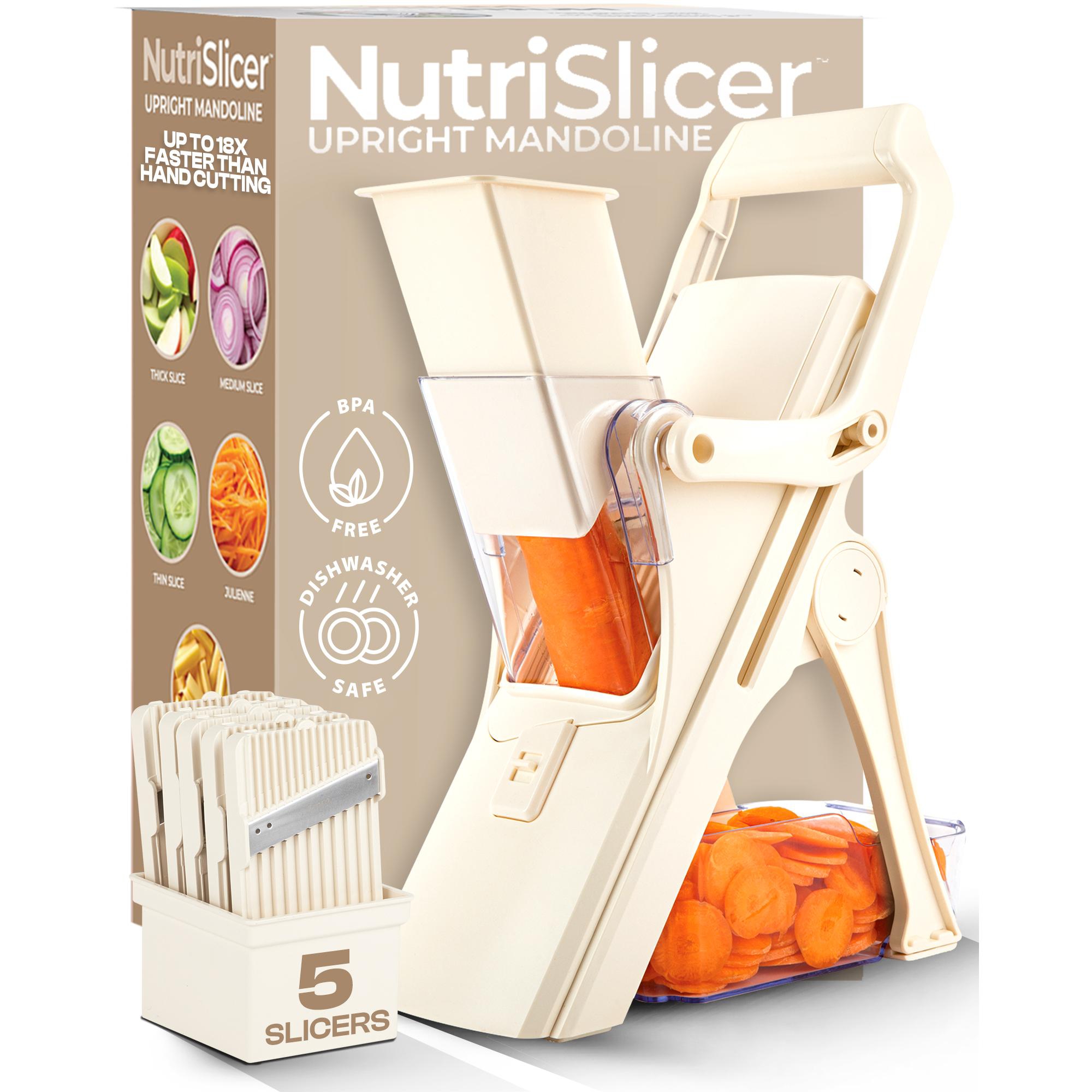 NutriSlicer Cream Upright Mandoline Slicer – 5 Stainless Steel Blades, BPA-Free and Dishwasher Safe