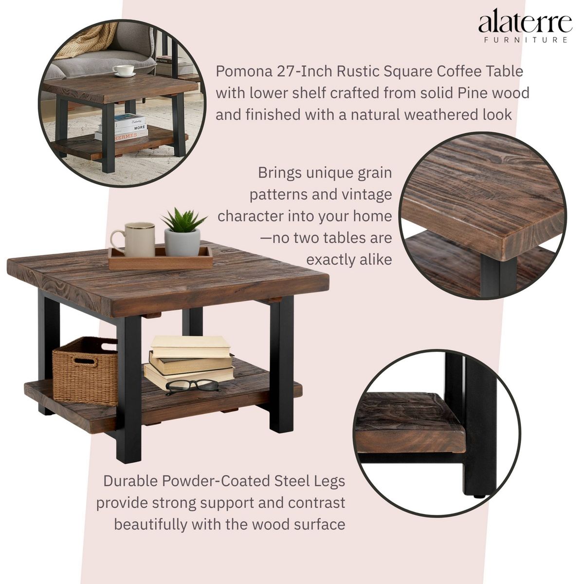 Pomona Metal and Wood Square Coffee Table - Alaterre Furniture - thumbnail 3