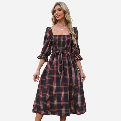 Women's Belted Plaid Square Neck Smocked Maxi Dress - Cupshe-s-red : Target