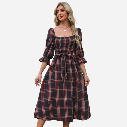 Square-Neck Smocked Plaid Midi Dress