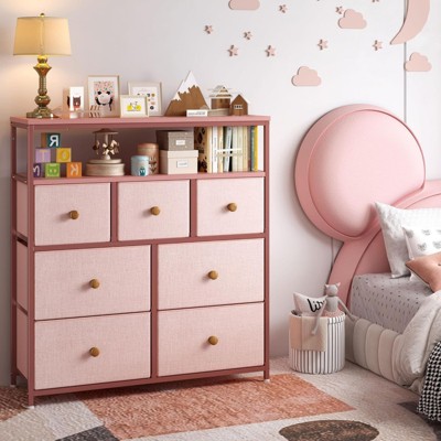 SKRAN Dresser for Bedroom with 7 Drawers and 2 Shelves for Closet with Wooden Top and Metal Frame, Tall Dressers & Chest of Drawers