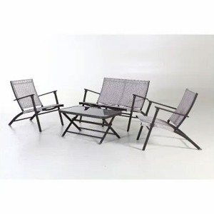 Four Seasons Courtyard Novara 4 Piece Steel Folding Outdoor Conversation Set with 2 Folding Chairs, 1 Loveseat, and 1 Table, Tan/Espresso - 1 of 4