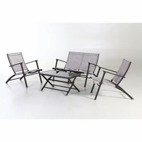 Four Seasons Courtyard Novara 4 Piece Steel Folding Outdoor Conversation Set with 2 Folding Chairs, 1 Loveseat, and 1 Table, Tan/Espresso - image 1 of 4